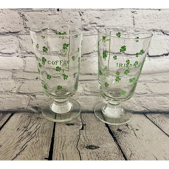 Vintage Libby Irish Coffee Glasses‎ Recipe Shamrocks Clover Set of 2 - Picture 1 of 12
